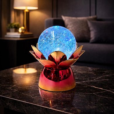 7" x 7" Red Lotus Flower Glitter Globe USB Table Lamp