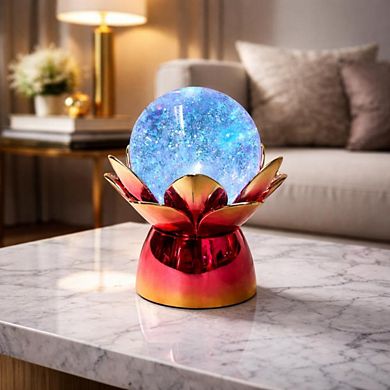 7" x 7" Red Lotus Flower Glitter Globe USB Table Lamp