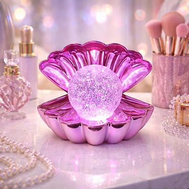 6" x 7" Purple Clam Shell Glitter Globe USB Table Lamp