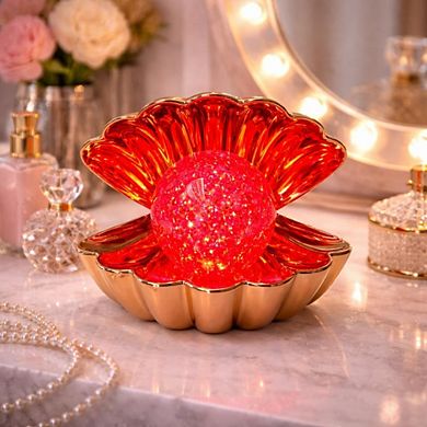 6" x 7" Red Clam Shell Glitter Globe USB Table Lamp