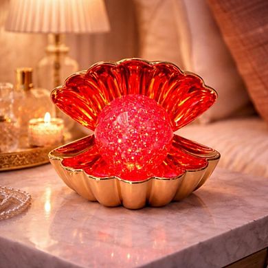 6" x 7" Red Clam Shell Glitter Globe USB Table Lamp