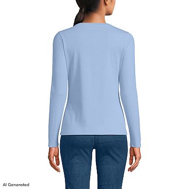 Women's Lands' End Long Sleeve Micro Rib Button Front Top