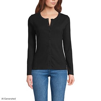 Women's Lands' End Long Sleeve Micro Rib Button Front Top