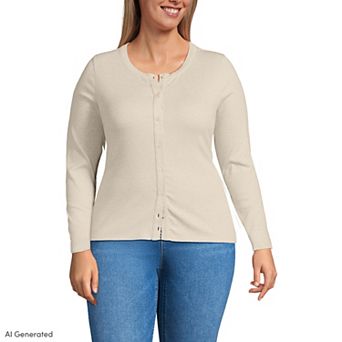 Plus Size Lands' End Long Sleeve Micro Rib Button Front Top