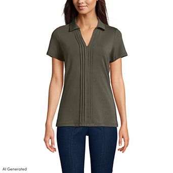Women's Lands' End Short Sleeve Lightweight Jersey Pintuck Open Collar Polo
