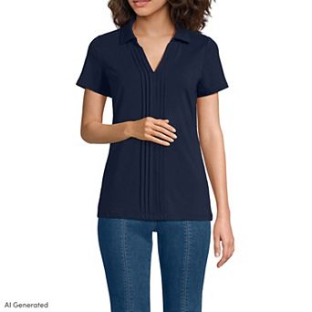 Women's Lands' End Short Sleeve Lightweight Jersey Pintuck Open Collar Polo