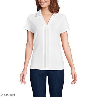 Women's Lands' End Short Sleeve Lightweight Jersey Pintuck Open Collar Polo