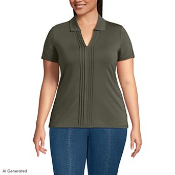 Plus Size Lands' End Short Sleeve Lightweight Jersey Pintuck Open Collar Polo