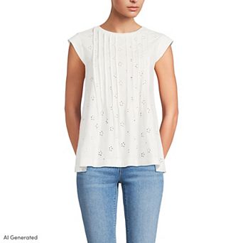 Women's Lands' End Cap Sleeve Eyelet Pintuck Swing Top