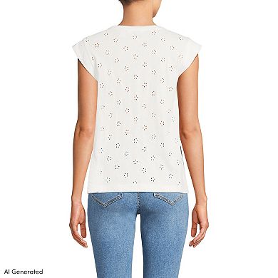 Women's Lands' End Cap Sleeve Eyelet Pintuck Swing Top