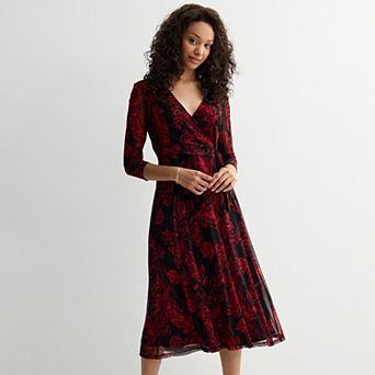 Women's Studio Connection Printed Mesh Belted Wrap Long Sleeve Top