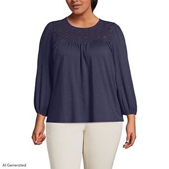 Plus Size Lands' End Long Sleeve Eyelet Mix Flowy Top