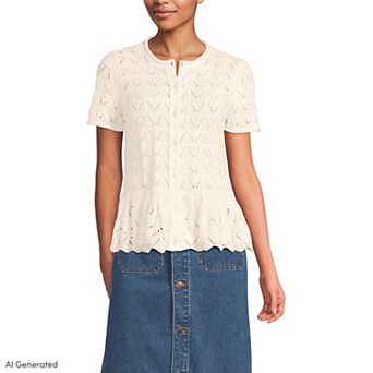 Women's Lands' End Drifter Pointelle Ruffle Hem Cardigan Sweater