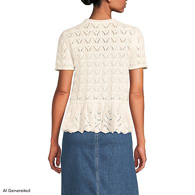Women's Lands' End Drifter Pointelle Ruffle Hem Cardigan Sweater