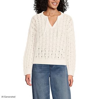 Women's Lands' End Cable Knit Tie Notch Neck Sweater