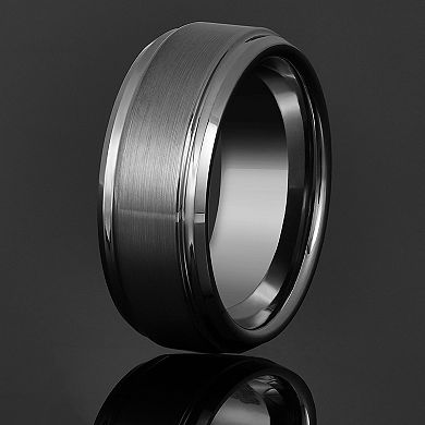 Crucible Men's Brushed and Polished Ridged Edge Tungsten Carbide Ring (9mm Wide)