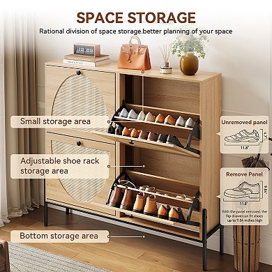 Rattan Shoe Cabinet with 4 Flip-Doors Narrow Storage for Entryway, Hallway & Small Spaces
