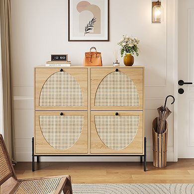 Rattan Shoe Cabinet with 4 Flip-Doors Narrow Storage for Entryway, Hallway & Small Spaces