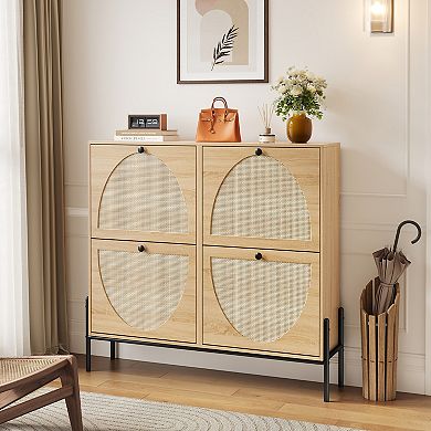 Rattan Shoe Cabinet with 4 Flip-Doors Narrow Storage for Entryway, Hallway & Small Spaces