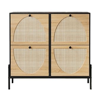 Rattan Shoe Cabinet with 4 Flip-Doors Narrow Storage for Entryway, Hallway & Small Spaces