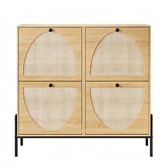 Rattan Shoe Cabinet with 4 Flip-Doors Narrow Storage for Entryway, Hallway & Small Spaces