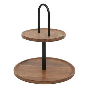 Gibson Home Gracious Dining 2 tier Round Acacia Wood Serving Tray with Iron Handle