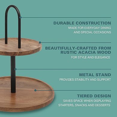 Gibson Home Gracious Dining 2 Tier Round Acacia Wood Serving Tray with Iron Handle