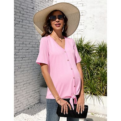 Womens Dressy Casual Summer Maternity Blouse V Neck Short Sleeve Button Down Knot Solid Shirts
