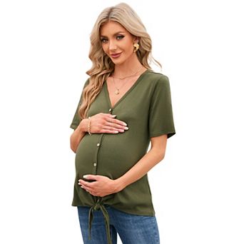 Womens Dressy Casual Summer Maternity Blouse V Neck Short Sleeve Button Down Knot Solid Shirts