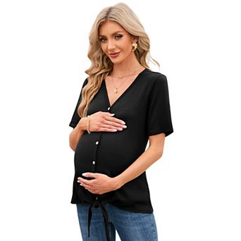 Womens Dressy Casual Summer Maternity Blouse V Neck Short Sleeve Button Down Knot Solid Shirts