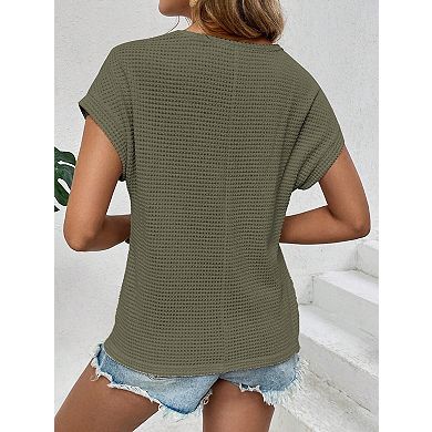 Women's Waffle Knit Raglan Mesh Hollow Out Short Sleeve T-Shirt