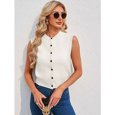 Women's Sweater Vest Button Down Crew Neck Sleeveless Lightweight Knit Tops