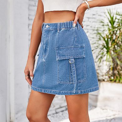 Womens High Elastic Waist Button Cargo Denim Skirts Y2K Casual Mini Jean Skirt with Pockets
