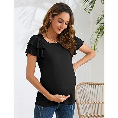 Womens Maternity Blouse Short Ruffle Sleeve Crew Neck Basic Solid Ribbed Knit Summer Tops