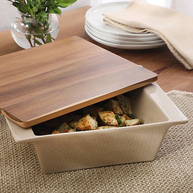 Gibson Elite Gracious Dining 2 Quart Stoneware Baking Dish with Acacia Lid