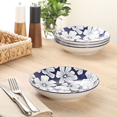 Gibson Home Heritage Sky 4 Piece Pasta Bowl Set 8 Inch Round Stoneware Floral Design Everyday Use