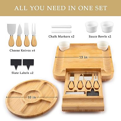 Zulay Kitchen Premium Charcuterie Board - Extra Thick Wood Board with 4 Piece Knife Set