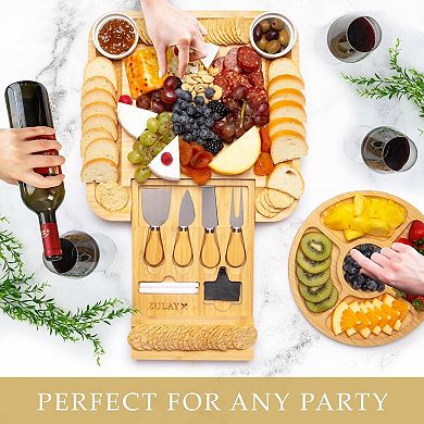 Zulay Kitchen Premium Charcuterie Board - Extra Thick Wood Board with 4 Piece Knife Set