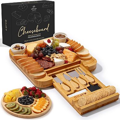 Zulay Kitchen Premium Charcuterie Board - Extra Thick Wood Board with 4 Piece Knife Set