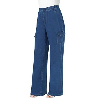 Roaman's Women's Plus Size Wide Leg Cargo Knit Jean
