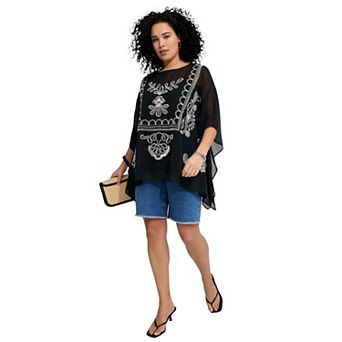 Roaman's Women's Plus Size Chiffon Boatneck Embroidered Soutache Poncho