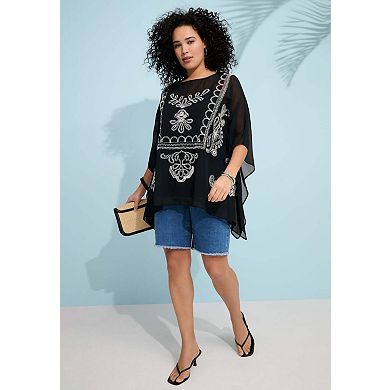 Roaman's Women's Plus Size Chiffon Boatneck Embroidered Soutache Poncho