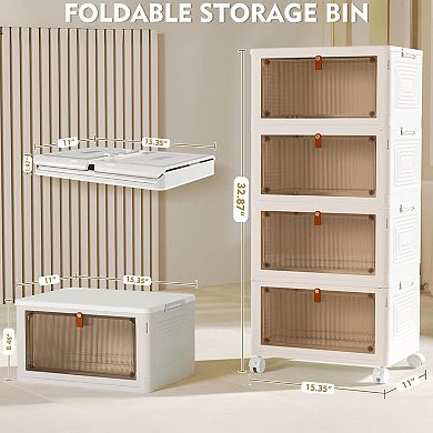 Stackable Storage Bins 4 Tier with Wheels Collapsible Design
