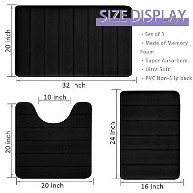 Memory Foam Bathroom Rug Set 3 Piece Non Slip Absorbent Washable Soft