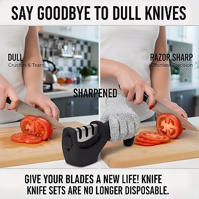 3-Stage Knife Sharpener Kit with Cut-Resistant Glove, 4-in-1 Kitchen Tool Black