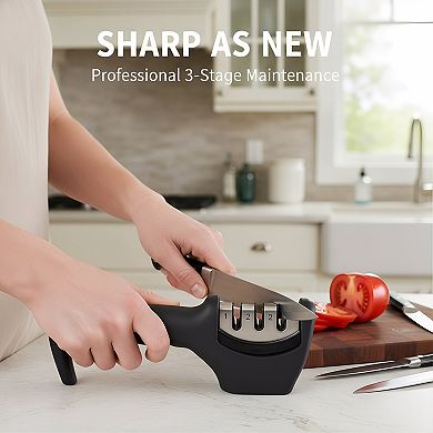 3-Stage Knife Sharpener Kit with Cut-Resistant Glove, 4-in-1 Kitchen Tool Black