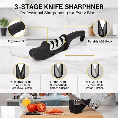 3-Stage Knife Sharpener Kit with Cut-Resistant Glove, 4-in-1 Kitchen Tool Black