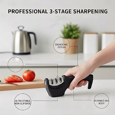 3-Stage Knife Sharpener Kit with Cut-Resistant Glove, 4-in-1 Kitchen Tool Black
