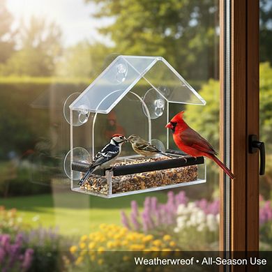 Outdoor Clear Window Bird Feeder, Sturdy Acrylic with 5 Suction Cups for Garden