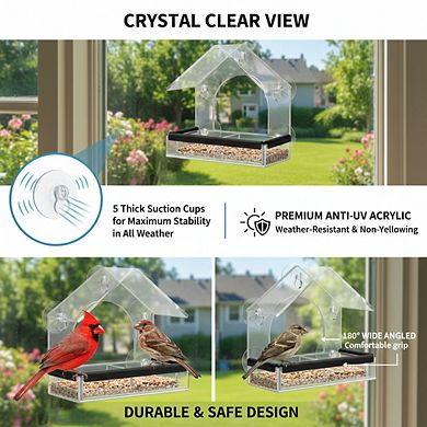 Outdoor Clear Window Bird Feeder, Sturdy Acrylic with 5 Suction Cups for Garden